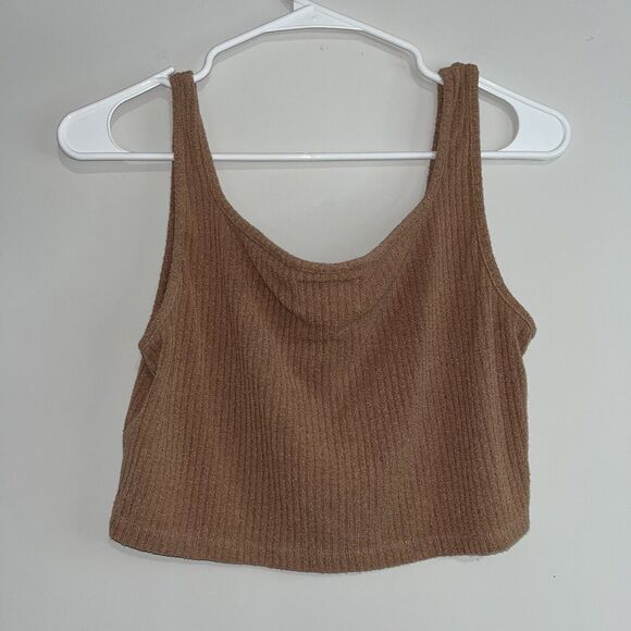 Madewell MWL Large Sleeveless Ribbed Knit Square Neck Henley Crop Tank Top Brown - Picture 8 of 11